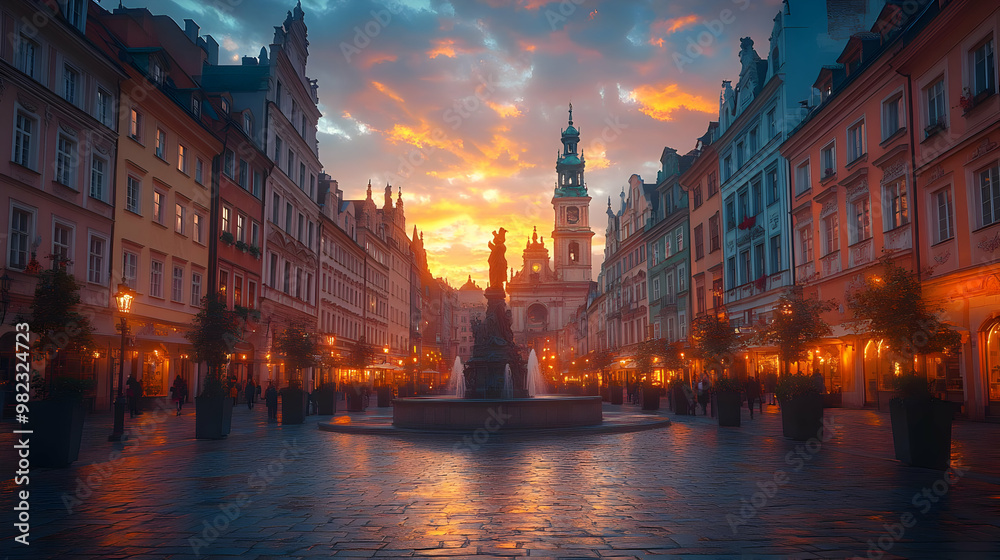 Fototapeta premium Evening City Square With Fountain and Illuminated Buildings