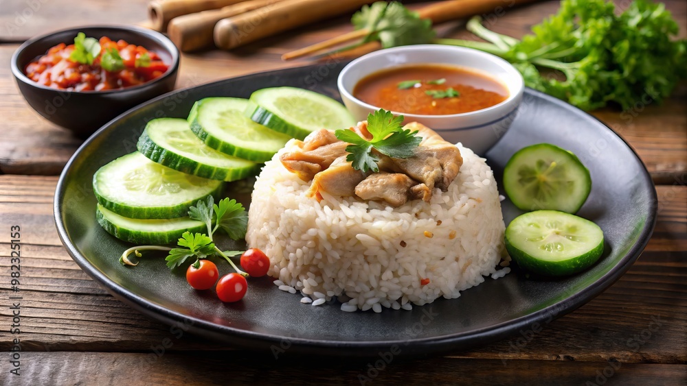 Tender chicken and fluffy rice marry flavors in a spicy Thai dish, served with a crisp cucumber garnish Tender chicken and fluffy rice marry flavors in a spicy Thai dish, served with a crisp cucumber garnish