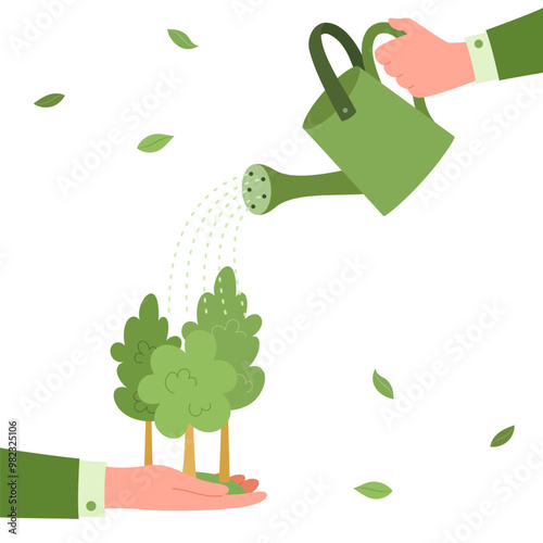 Hand waters the forest with watering can. Think green. Environmental protection. Save the Earth, plants, forests. Preserve the ecology of the planet. Sustainable living concept. Vector illustration.