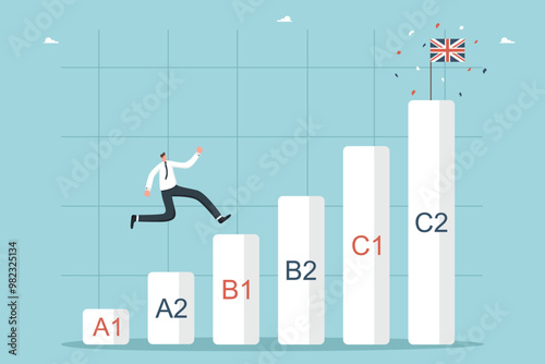 Studying british english language, online courses at language school, english proficiency levels, future brilliant knowledge of language, man runs on ascending graph towards the United Kingdom flag.