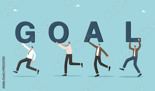 Leadership for helping employees achieve business goals, teamwork intelligence or common motivation for high results, partnership and mentoring for accuracy in goal setting, men run with letters goal.