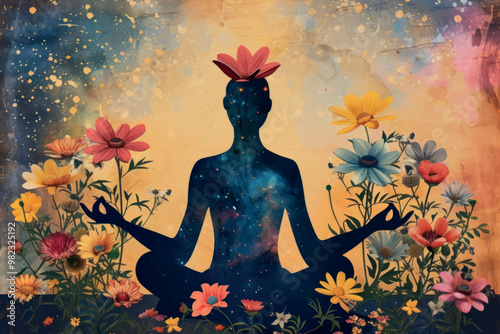 Meditative silhouette with cosmic flowers