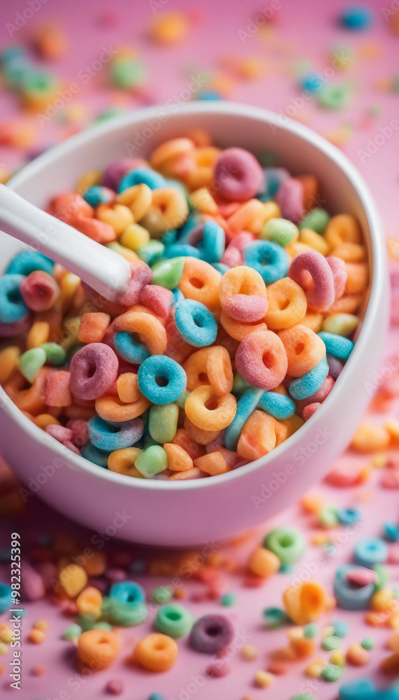 Cereals fruit loops milk pouring into a bowl colorful background vibrant colors playful breakfast en Cereals fruit loops milk pouring into a bowl colorful background vibrant colors playful breakfast en