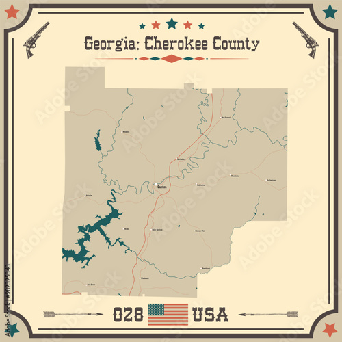 Large and accurate map of Cherokee County, Georgia, USA with vintage colors.