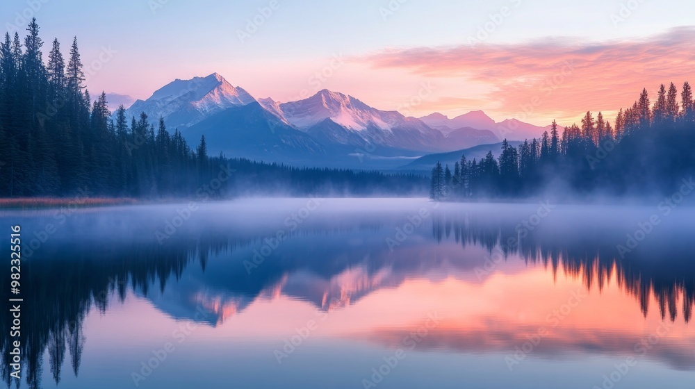 Fototapeta premium Mountain Silhouette Reflected in Still Lake Water at Dawn