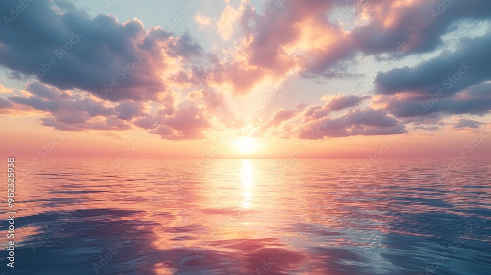 Fototapeta premium Sunset Over Calm Ocean with Pink and Blue Sky