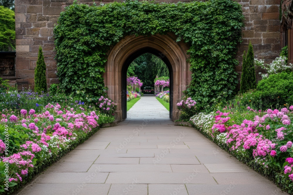 Fototapeta premium A classic English garden with ivy adorning an arched doorway