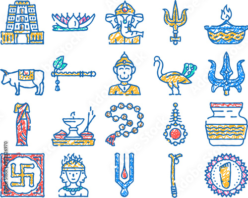 hinduism hindu god om doodle icons set vector. sketch line art india krishna, sculpture indian, statue lord, vishnu religion, vedic deity hinduism hindu god om color illustrations