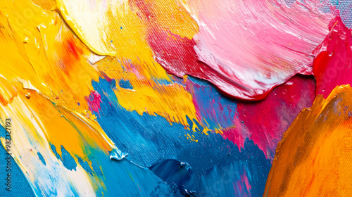 An abstract painting on canvas bursts with vibrant color and dynamic texture, showcasing the artist's bold brushstrokes. Layers of thick paint create a rich, tactile surface, inviting viewers to explo photo