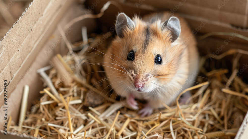 A cute little hamster snugly fitting inside a slightly torn cardboard box filled with straw A cute little hamster snugly fitting inside a slightly torn cardboard box filled with straw