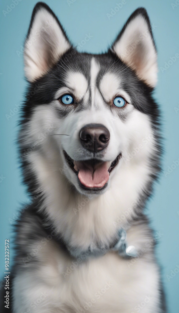 Fototapeta premium Cute blue eyed husky dog was washed with shampoo and foam on its head having a happy expression and