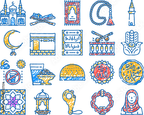 islam ramadan muslim doodle icons set vector. sketch line art religion frame, shape eid, mubarak mosque, decoration ornament, kareem calligraphy islam ramadan muslim color illustrations
