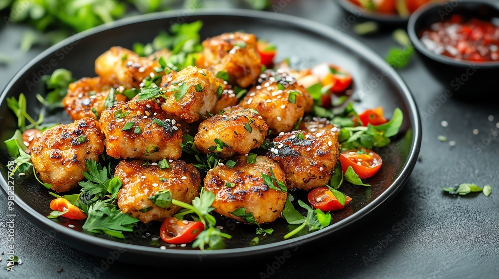 Closeup of a plate of crispy, golden chicken bites with sesame seeds, served with fresh parsley and a side of red chili dipping sauce. Closeup of a plate of crispy, golden chicken bites with sesame seeds, served with fresh parsley and a side of red chili dipping sauce.