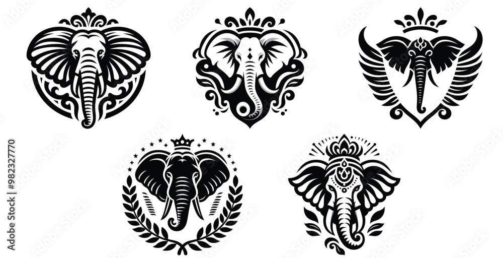 Ornate elephant emblem illustrations in black and white vector graphics, perfect tattoo designs Ornate elephant emblem illustrations in black and white vector graphics, perfect tattoo designs
