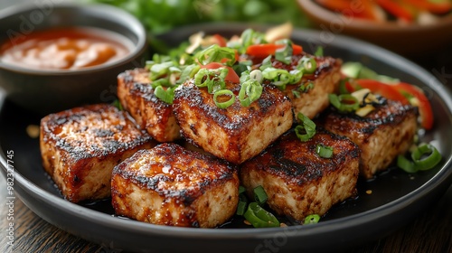 Delicious pan-fried tofu with a spicy sauce and garnish.