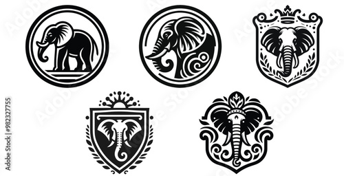 Elegant elephant emblem designs, black and white vector illustrations, perfect for branding