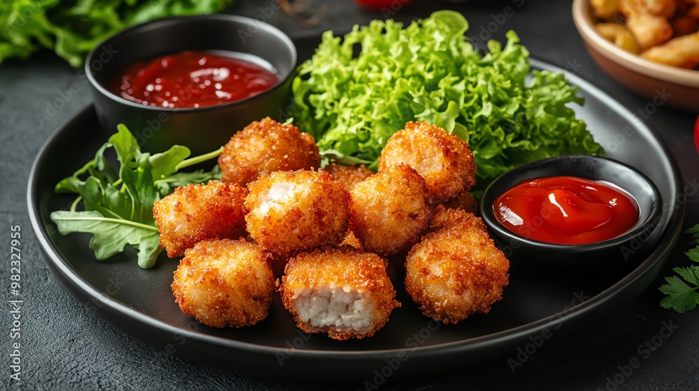 Crispy fried chicken nuggets with ketchup and salad on a black plate. Crispy fried chicken nuggets with ketchup and salad on a black plate.