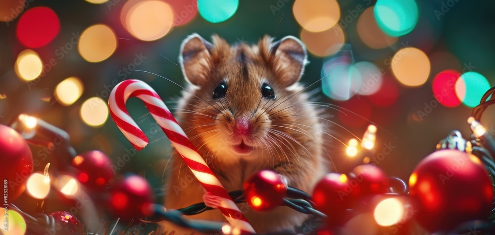 Adorable hamster holding a candy cane surrounded by festive holiday lights and Christmas ornaments, creating a whimsical holiday scene.