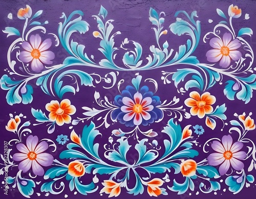 Norwegian Scandinavian rosemaling traditional handpainted folk art in bright purple floral pattern