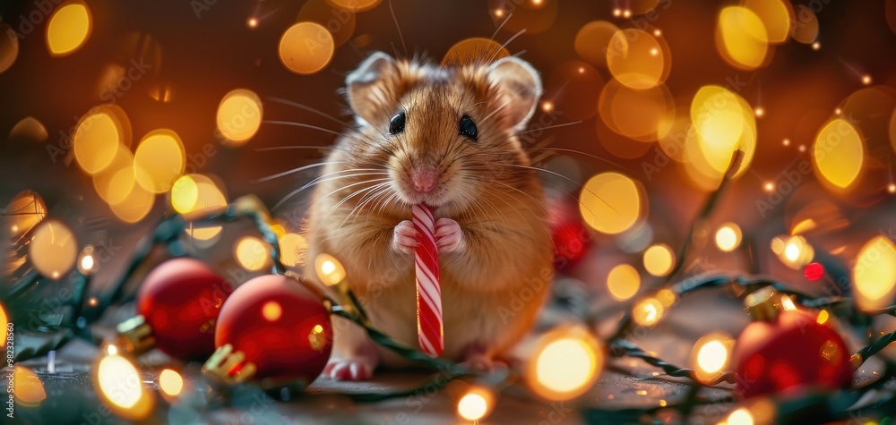 Adorable hamster holding a candy cane among Christmas lights and ornaments, festive holiday background with bokeh effect. Adorable hamster holding a candy cane among Christmas lights and ornaments, festive holiday background with bokeh effect.