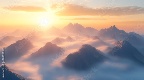 Majestic Mountain Range Bathed in Golden Sunrise with Misty Clouds