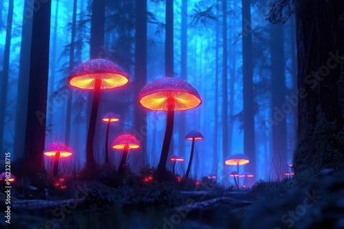 Fantasy-inspired scene of an assortment of glowing mushrooms in a mystical forest, varied sizes and bioluminescent hues creating an otherworldly atmosphere