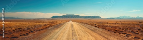 A long, empty desert road stretches into the distance with mountains on the horizon under a clear, bright blue sky.