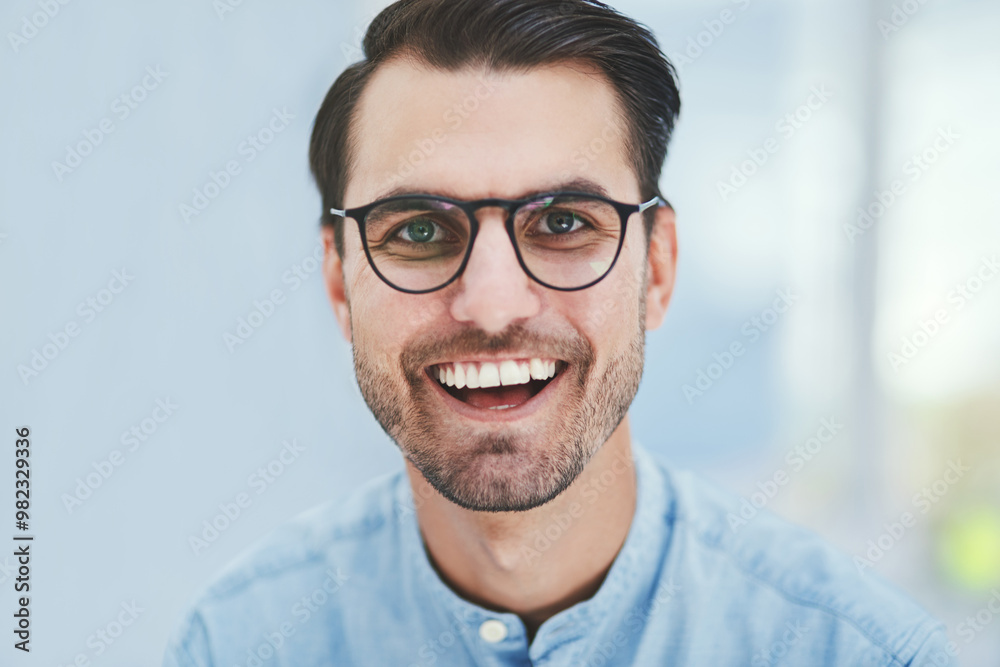 Eye care, excited or man with portrait for glasses in optometry office with designer frame or prescription lens. Happy customer, person or new spectacles at vision consultation for wellness or health Eye care, excited or man with portrait for glasses in optometry office with designer frame or prescription lens. Happy customer, person or new spectacles at vision consultation for wellness or health