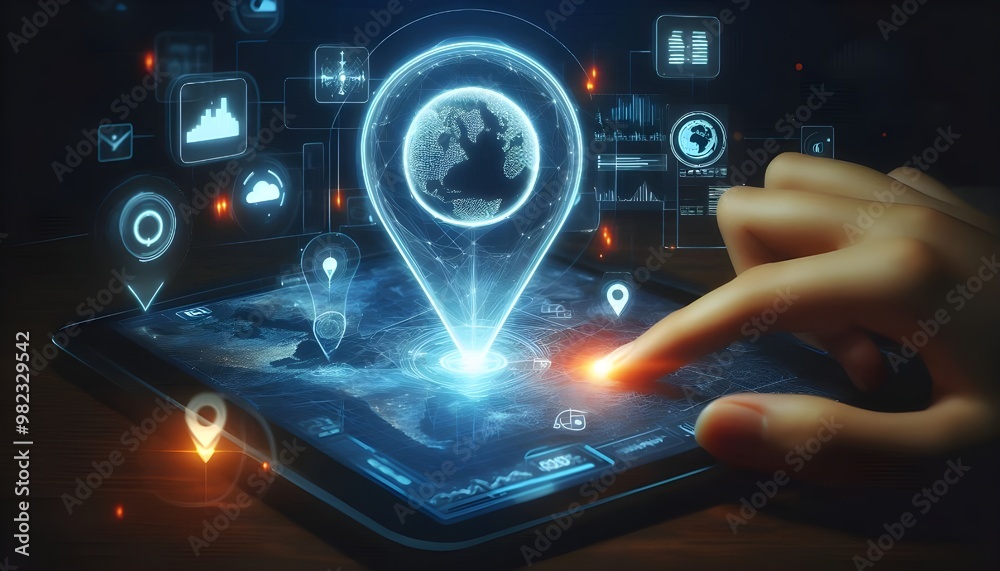 Glowing digital geolocation gps interface.