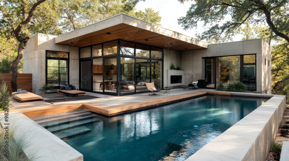 Fototapeta premium A cube home with a concrete facade and wooden overhangs for shaded outdoor areas