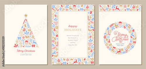 Merry and Bright Corporate Holiday cards. Universal abstract creative artistic templates with Christmas tree, birds, ornate floral frames and backgrounds