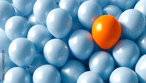 Joyful celebration with a standout orange balloon amidst a sea of light blue balloons, radiating cheerfulness and festive spirit photo