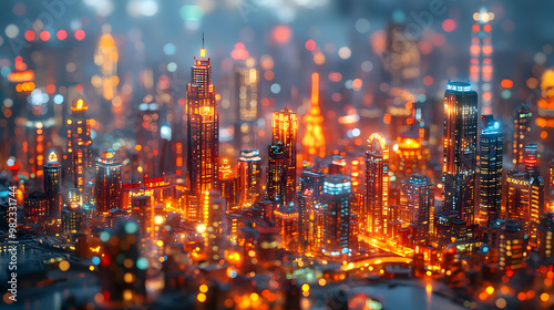 Night Cityscape with Illuminated Buildings - 3D Illustration