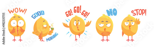Baby Chick Say Word with Emotion and Inscription Vector Set