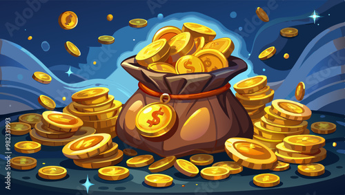 A vibrant vector illustration depicting a large sack overflowing with gold coins, symbolizing wealth and prosperity, set against a dynamic background with sparkling stars