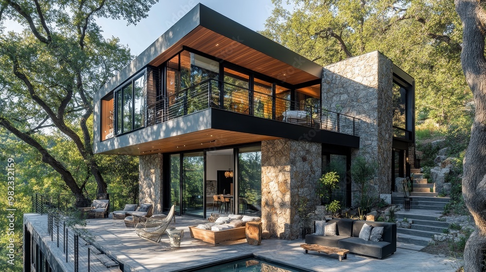 A cube home with textured stone walls and a wraparound balcony on the upper level A cube home with textured stone walls and a wraparound balcony on the upper level