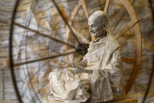 A paper sculpture of a seated figure with glasses, referencing traditional craftsmanship and historical themes, set against a backdrop of a large, circular wheel.