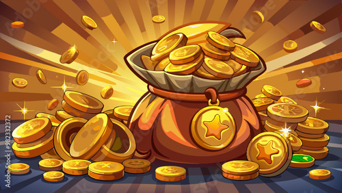 A vibrant vector illustration depicting a bag overflowing with gold coins, symbolizing wealth, prosperity, and success, with a radiant background enhancing the sense of abundance