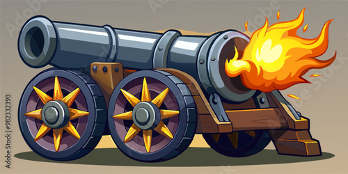 A vibrant vector illustration depicts a classic cannon with a wooden carriage and flaming cannonball, perfect for historical or military-themed 