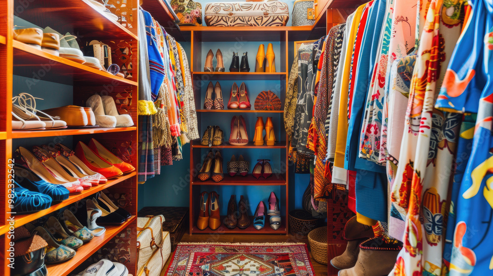 Fototapeta premium Colorful and Organized Walk-In Closet with Shoes and Clothes on Display in a Modern Home