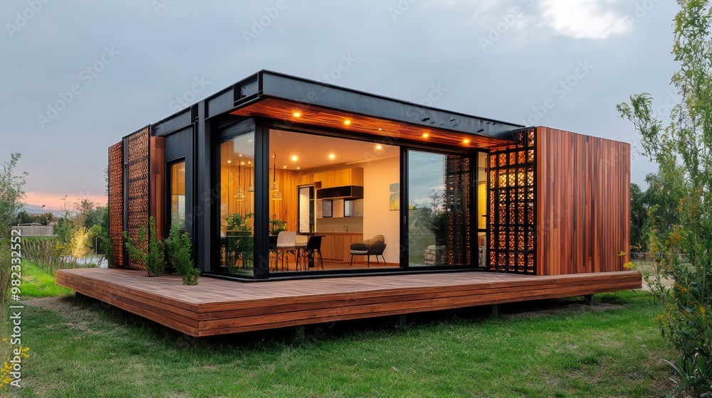 A cube home with wood and metal panels arranged in an alternating pattern, creating visual interest A cube home with wood and metal panels arranged in an alternating pattern, creating visual interest