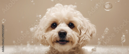 Happy wet broan maltipoo dog taking bath with soap foam on his head beige background copy space photo