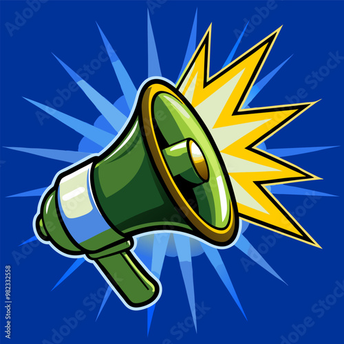 A vibrant vector illustration features a green megaphone emitting a bright yellow burst of sound against a dynamic blue background, symbolizing loud announcements or calls to action