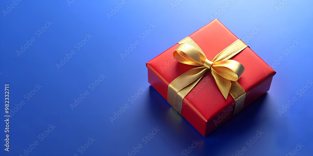 Red Gift Box with Golden Ribbon on a Blue Background Red Gift Box with Golden Ribbon on a Blue Background