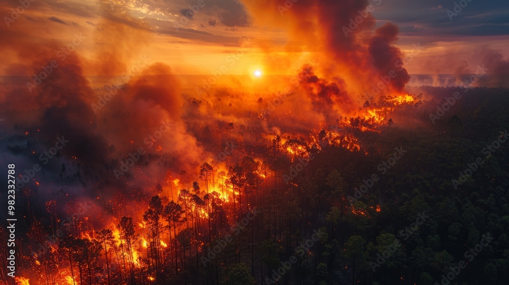 Fototapeta premium The engulfing horror of a forest fire relentlessly transforms once vibrant vegetation into a desolate wasteland, its smoky aftermath echoing with haunting desolation.