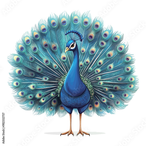 Beautiful peacock with feathers isolated on white background. Vector illustration.