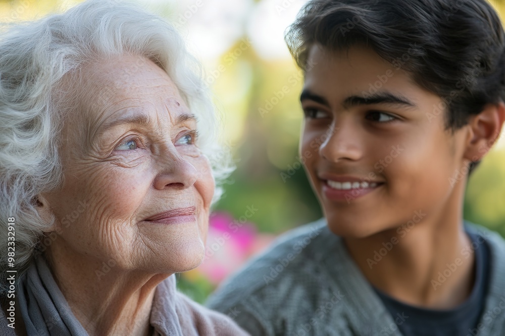 Elderly woman and young boy smiling outdoors Elderly woman and young boy smiling outdoors