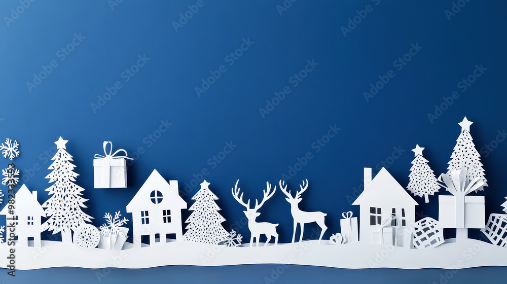 Naklejka premium Aesthetic Christmas paper cut card, deep blue background, copy space in the centre. Generative AI