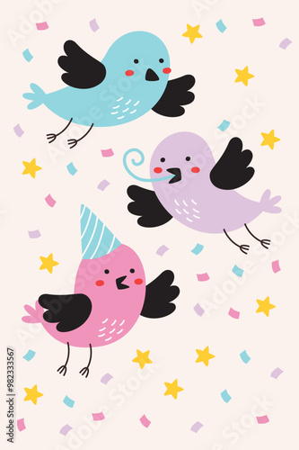 Handdrawn Cute Birthday Party Birds Card