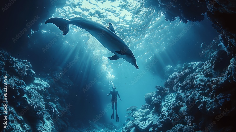 Fototapeta premium Under the sea's calming surface, the silent companionship between a dolphin and a man come alive, symbolizing the profound bond shared between them.
